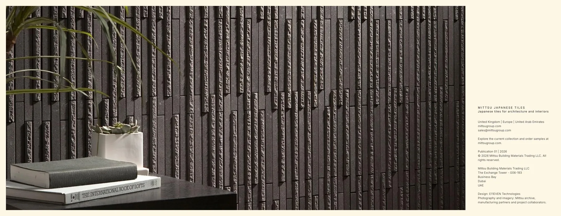 Final Mittsu publication spread with a dark textured tile wall and publication credits