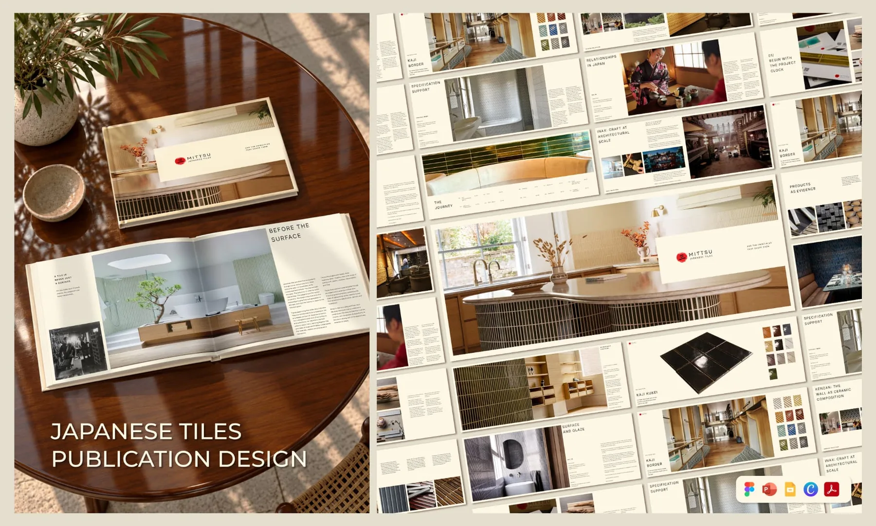 Mittsu Japanese Tiles publication design shown as a print visualization and spread overview
