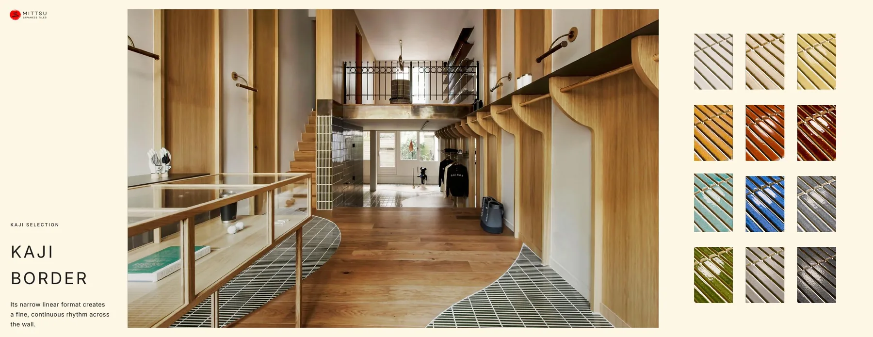 Kaji Border product presentation spread with architectural interior imagery and tile colour options