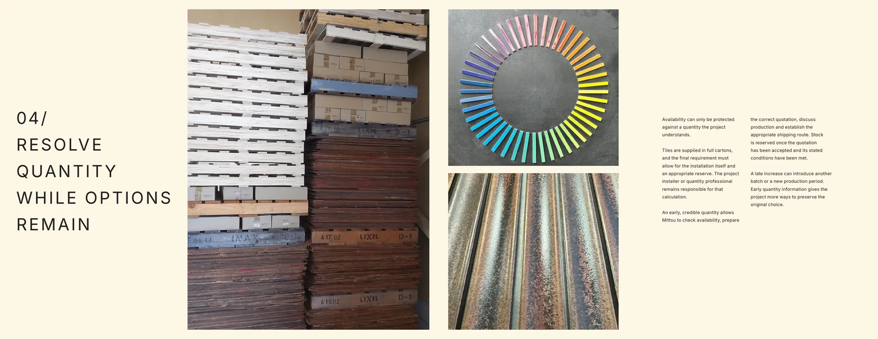 Specification guidance spread explaining quantity decisions and material availability