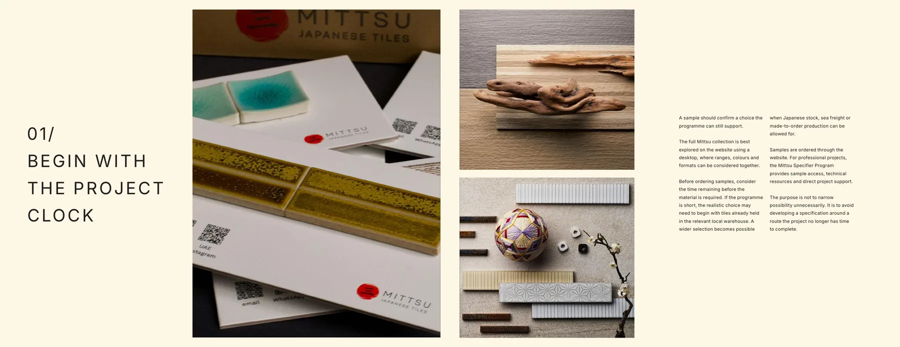 Begin with the project clock spread showing sample cards, tile material and practical planning text