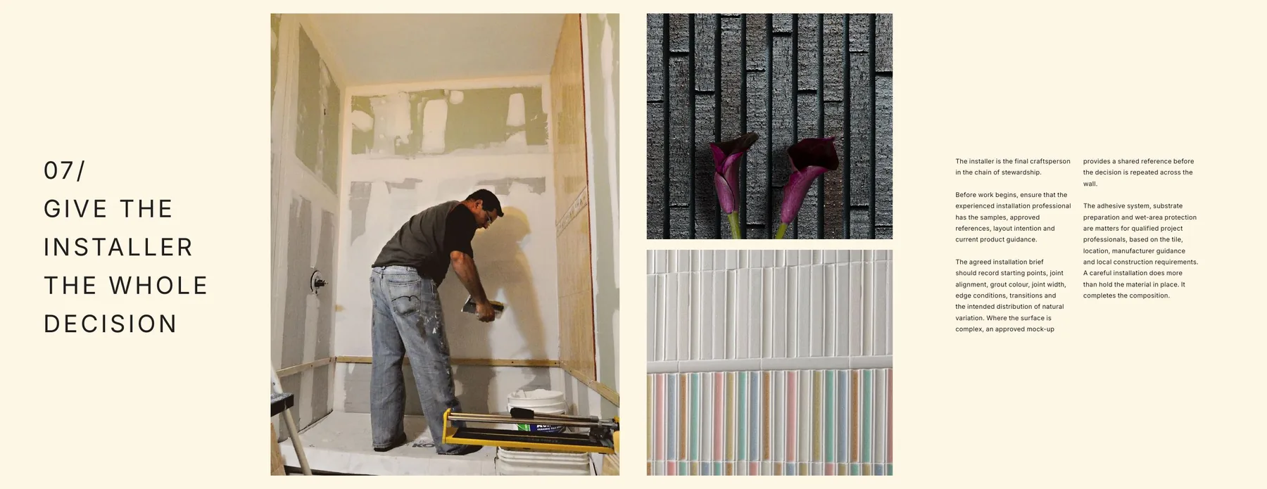 Give the installer the whole decision spread showing installation imagery and tile detail references