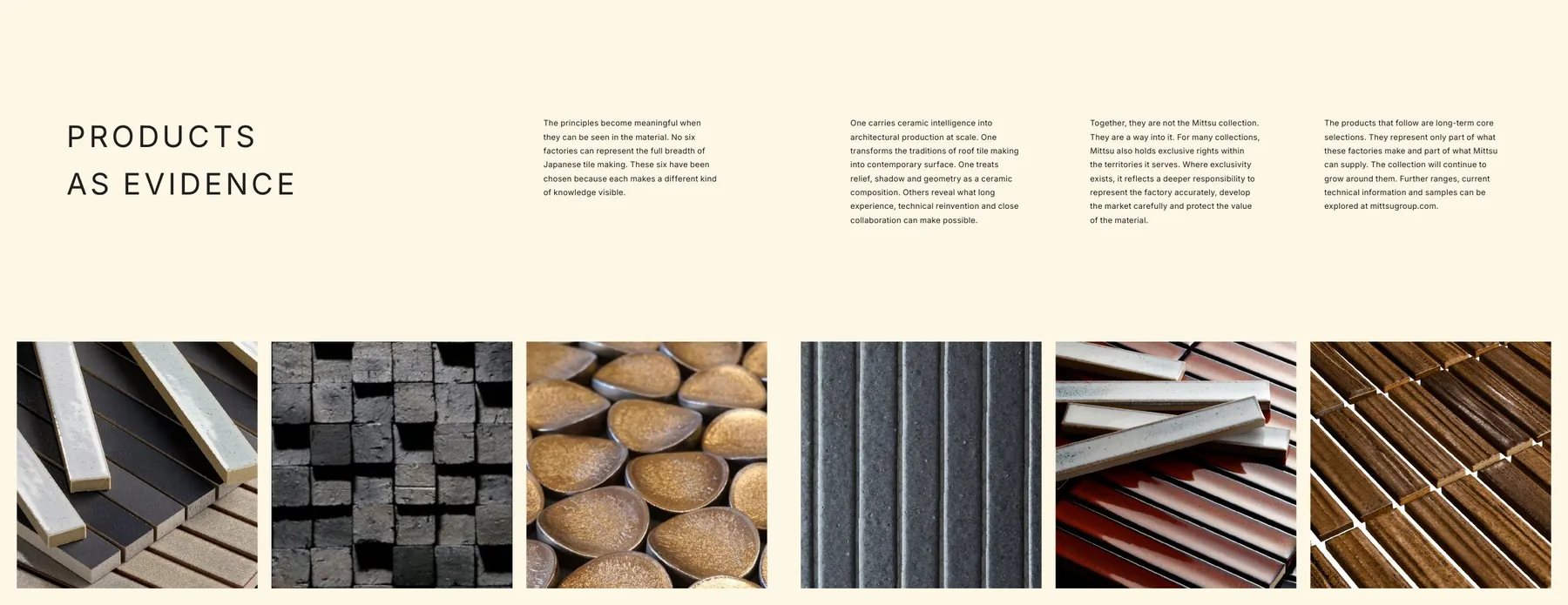 Products as Evidence spread showing multiple tile materials and textures in the Mittsu publication