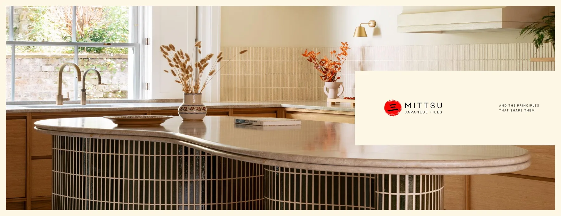 Opening cover spread for Mittsu Japanese Tiles Publication 01 with a tiled kitchen interior and publication title