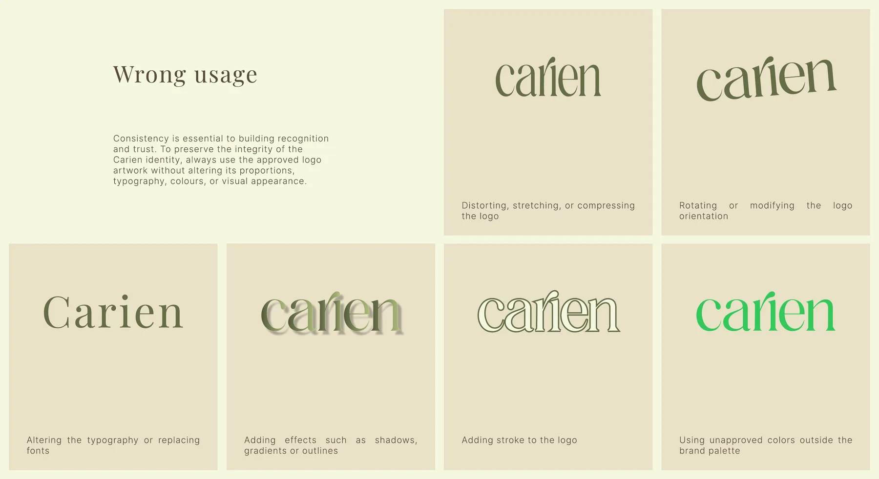 Carien logo incorrect-use examples covering distortion, effects, stroke and unapproved colors