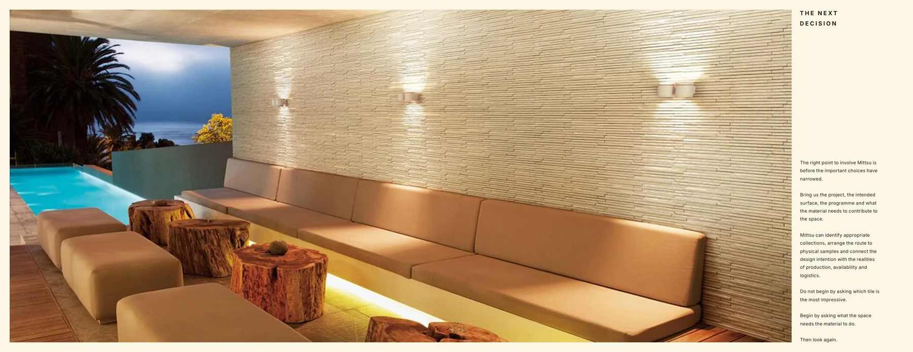 The Next Decision spread from Mittsu publication showing an interior tile installation and closing guidance