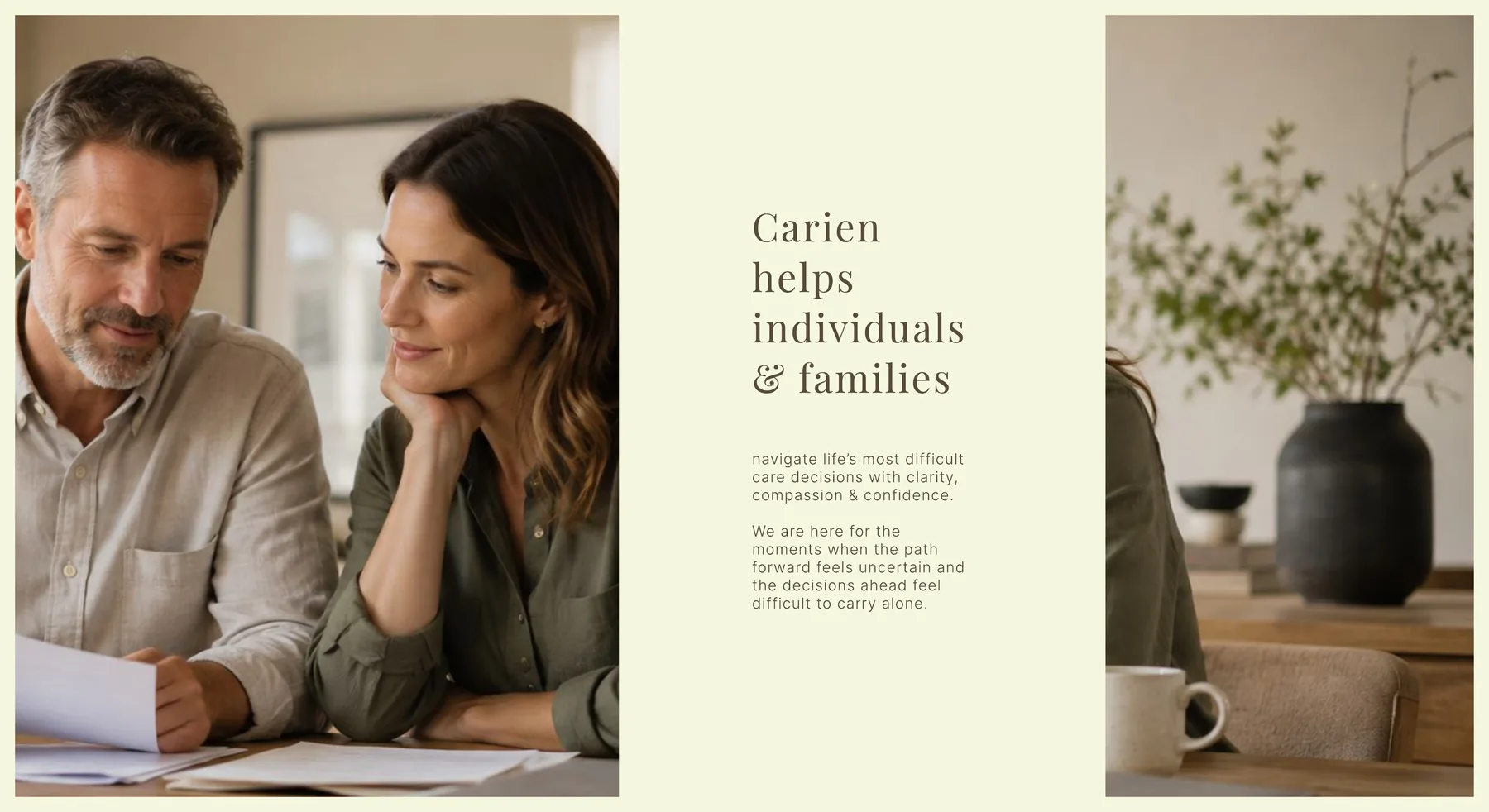 Carien photography direction focused on families and human connection, shown across a brand book spread