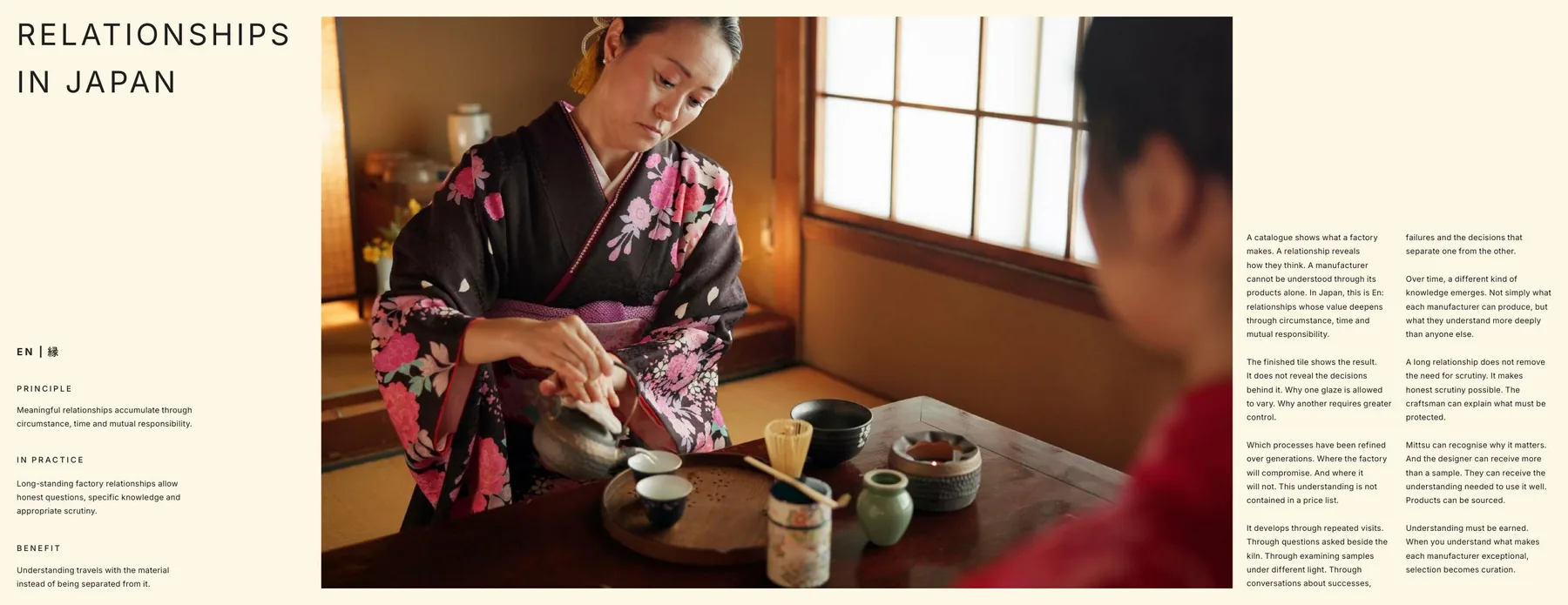 Relationships in Japan spread from Mittsu publication showing maker relationship storytelling